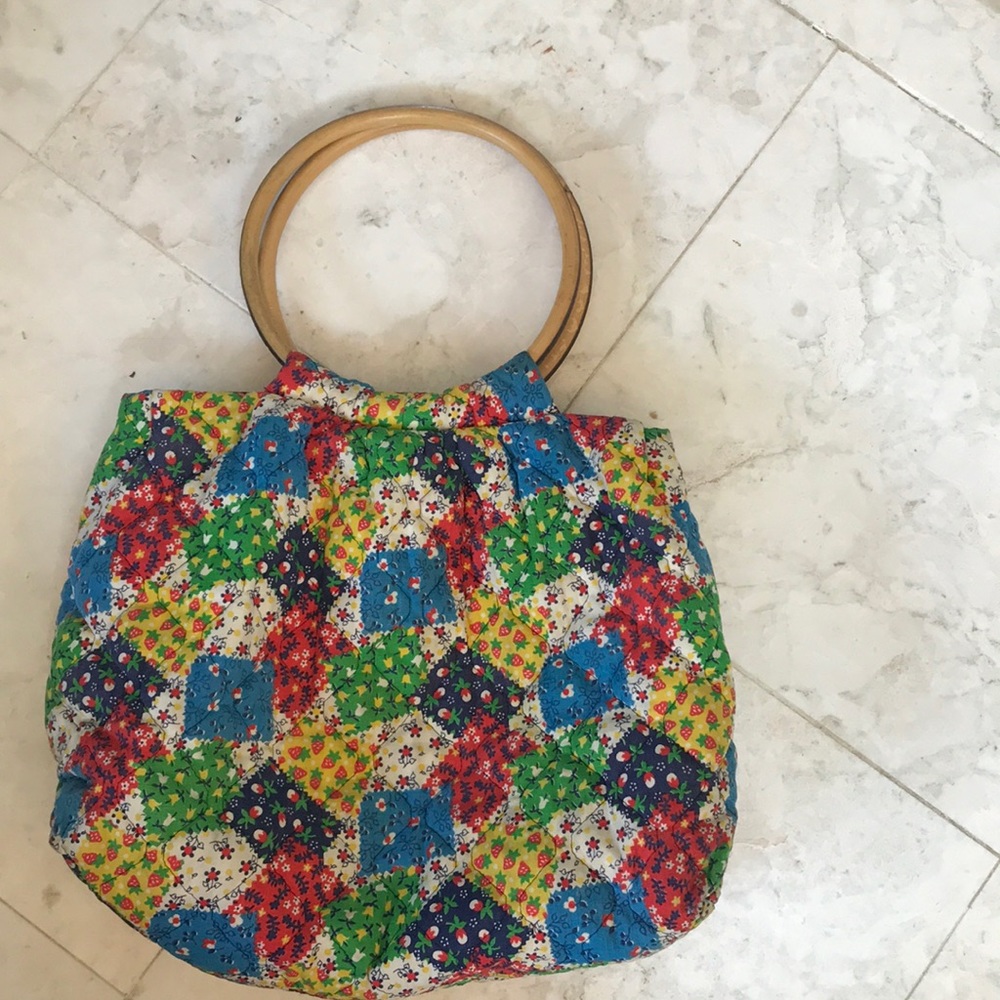 Vintage 1960s Quilted Purse with Bamboo Handles.
